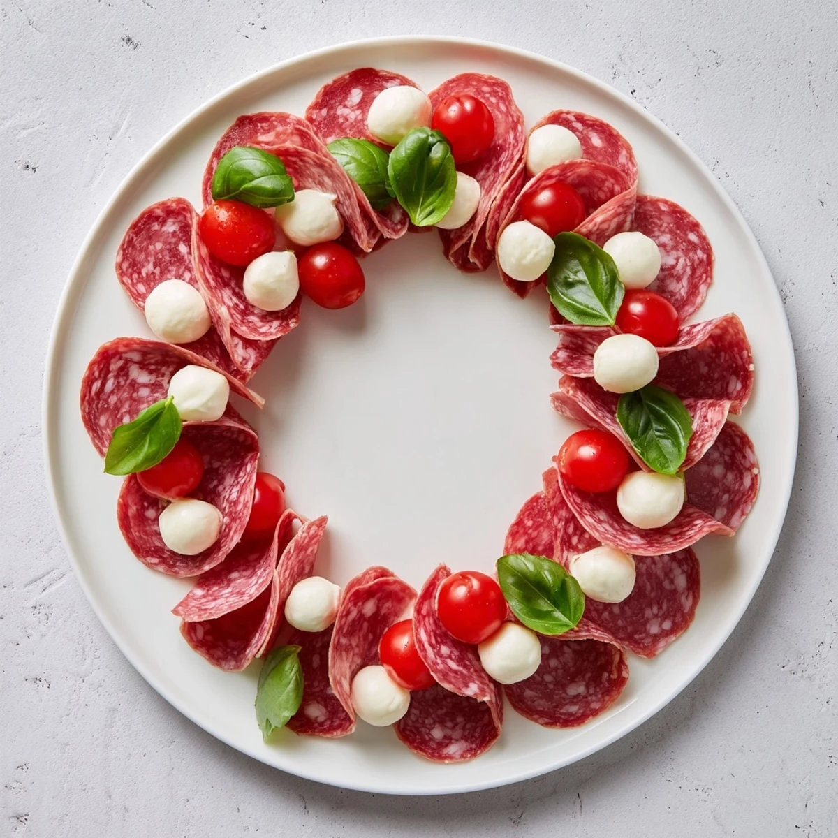Folded salami wreath arranged with vibrant cherry tomatoes, a simple yet elegant appetizer.