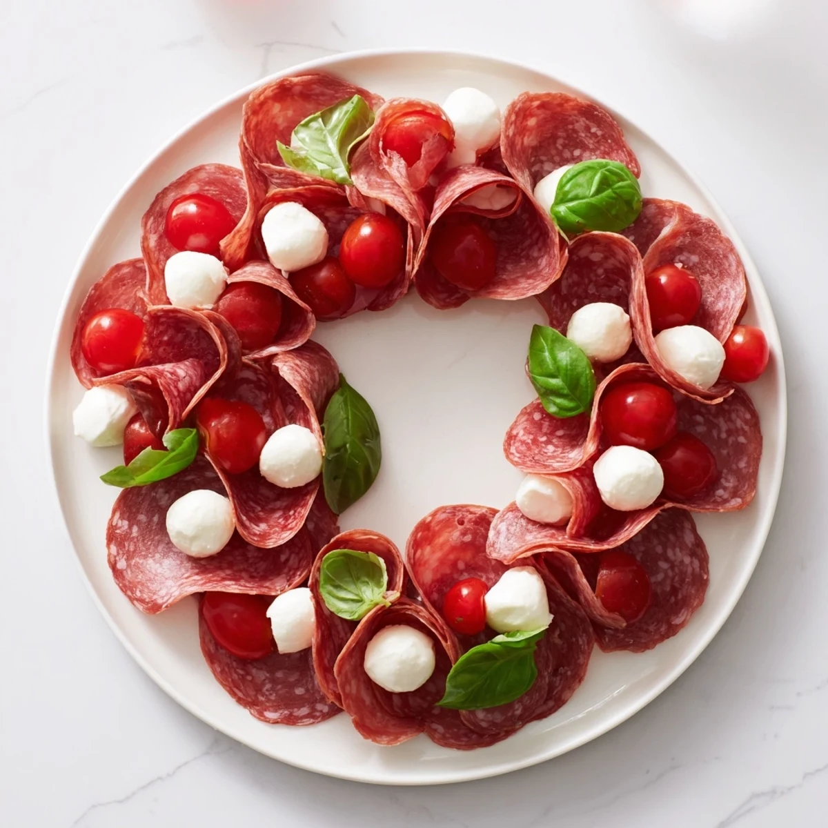 A close-up of a festive folded salami wreath appetizer, ready to serve with crackers.