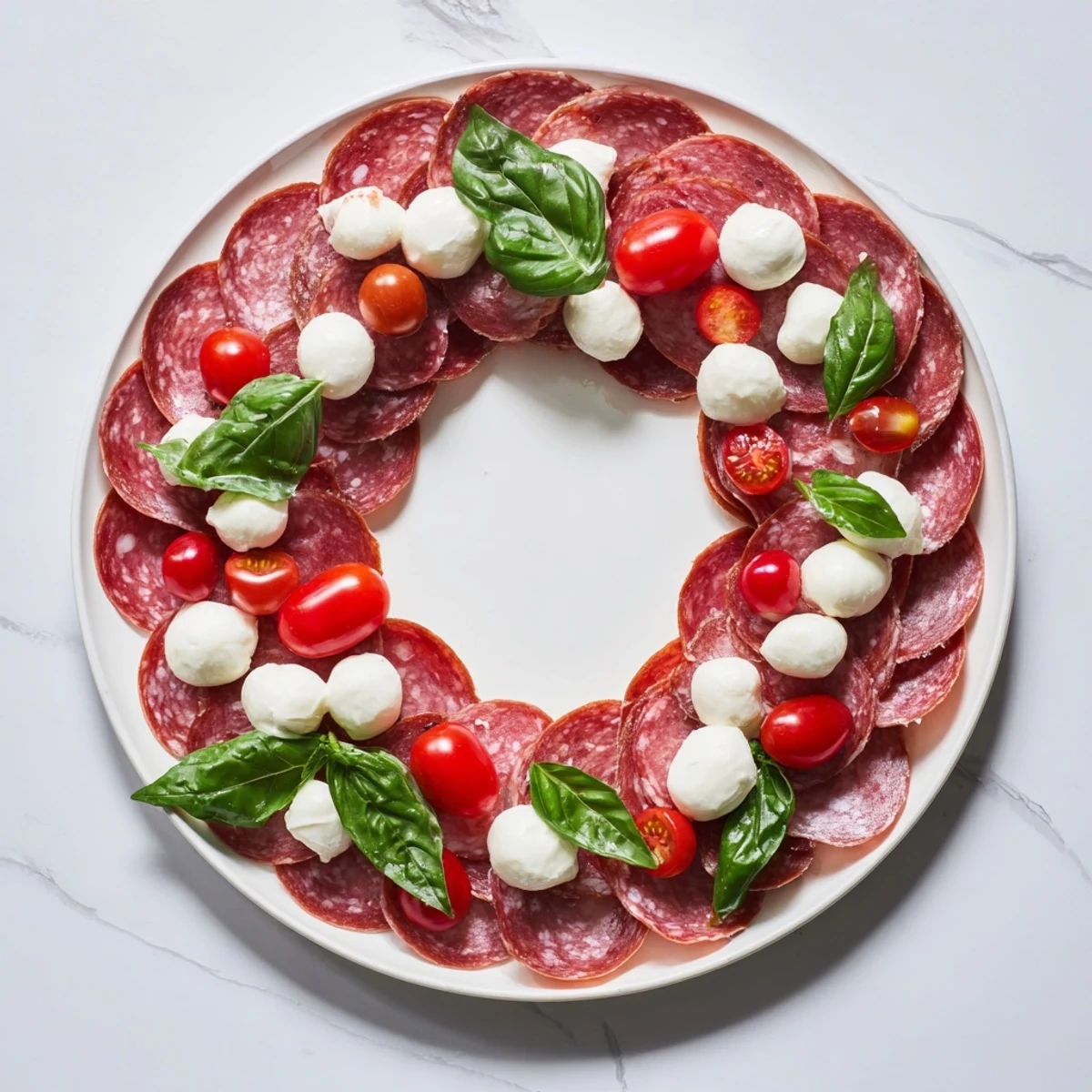 Savory folded salami wreath, adorned with mozzarella balls, perfect for your next party.