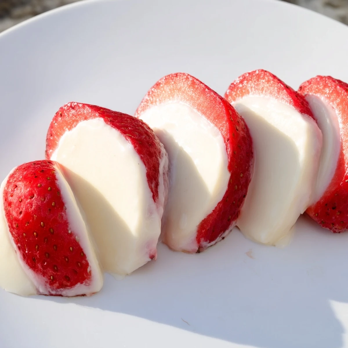 Frozen Yogurt Dipped Strawberries, showcasing chilled half-circles ready for a delightful, healthy treat.