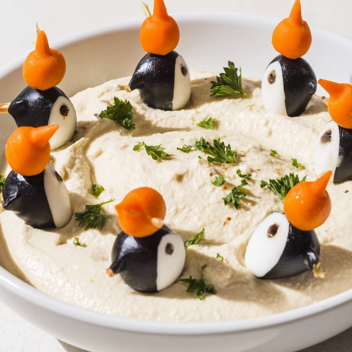 Creamy White Bean Dip, garnished with olive penguins, ready to be scooped up with crackers.