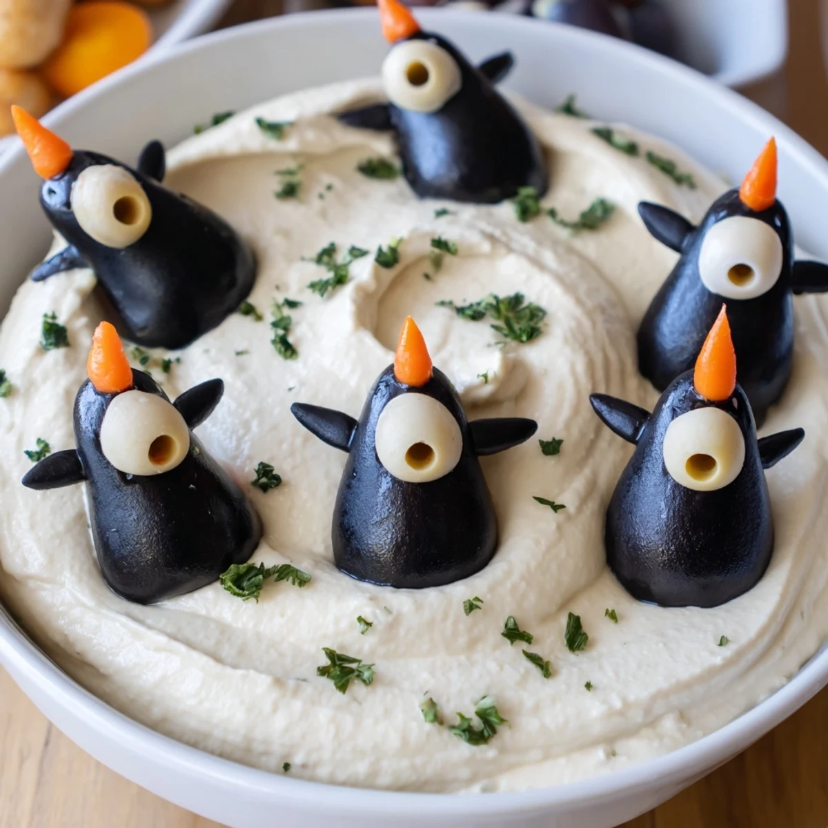 Close-up of the delicious White Bean Dip, artfully arranged with cute, edible olive penguins.
