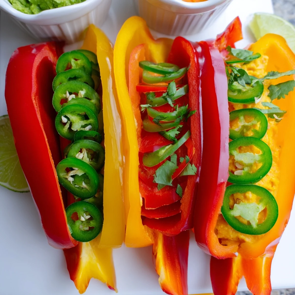 Colorful Spicy Chili Pepper Fiesta appetizer platter with peppers, dips, and chips for dipping.