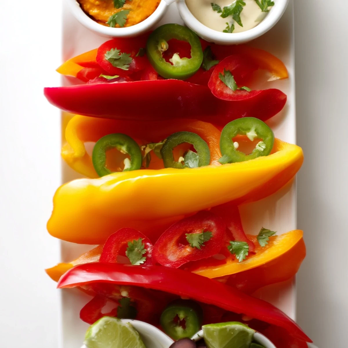 A close-up of a festive Spicy Chili Pepper Fiesta features vibrant bell peppers and delicious dips.