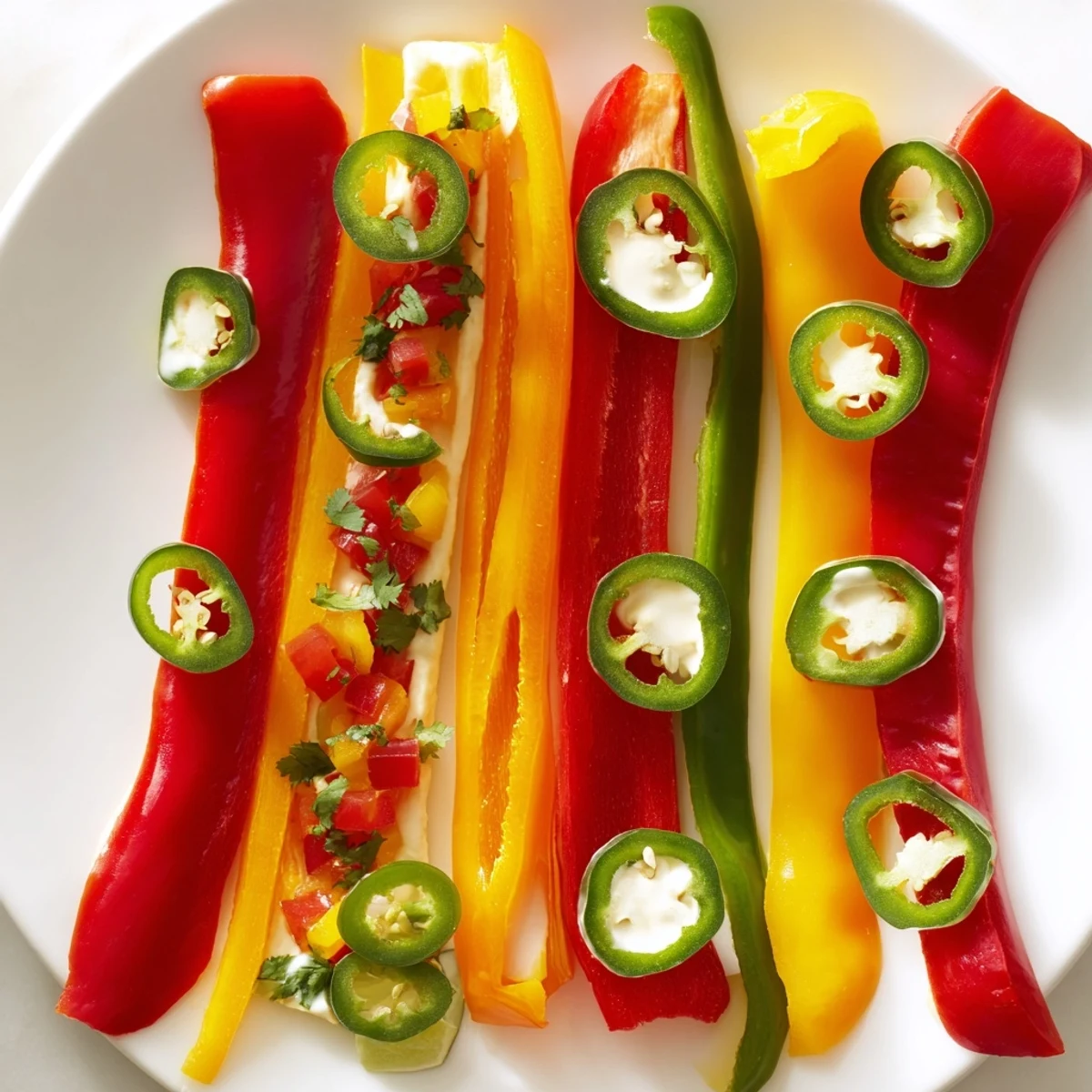 Bright Spicy Chili Pepper Fiesta platter: fresh chili peppers alongside creamy dips, ready to serve guests.