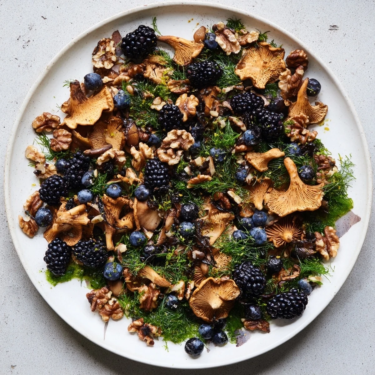 A vibrant photo of Northwest Forest Forager featuring earthy mushrooms and fresh, dark berries beautifully arranged.