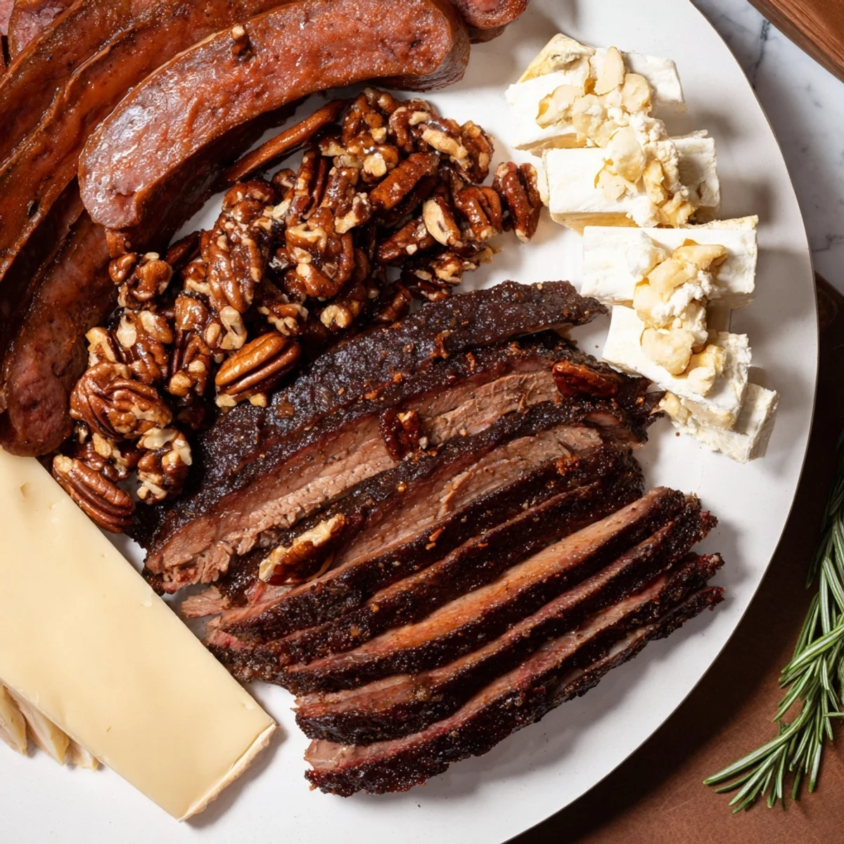 Smoky BBQ & Bourbon Companion charcuterie board, smoky meats and creamy cheeses, ready to be enjoyed.