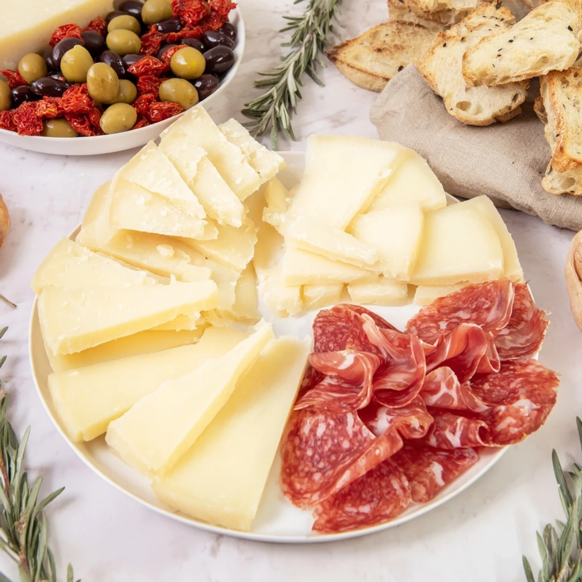 Rustic Italian Farmhouse Board displays a feast of meats, cheese, grapes, and breads, ready to be enjoyed.