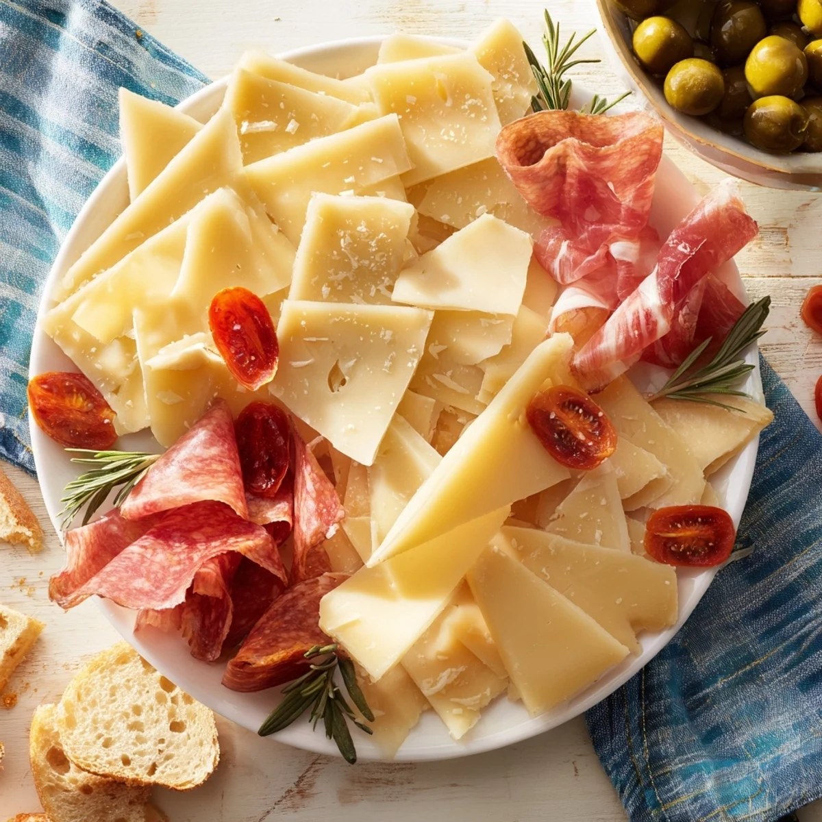 Enjoy a gorgeous, overflowing Rustic Italian Farmhouse Board with rustic cheese chunks and olives, ideal for sharing.