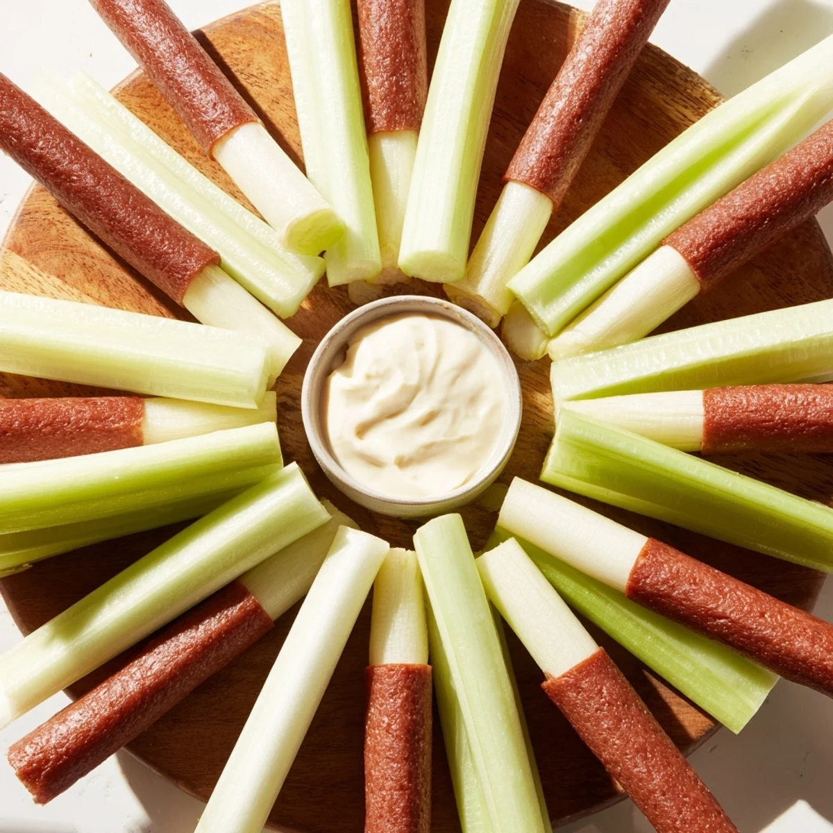 Crisp celery and savory meat sticks make up this delightful Rustic Wheel appetizer platter.
