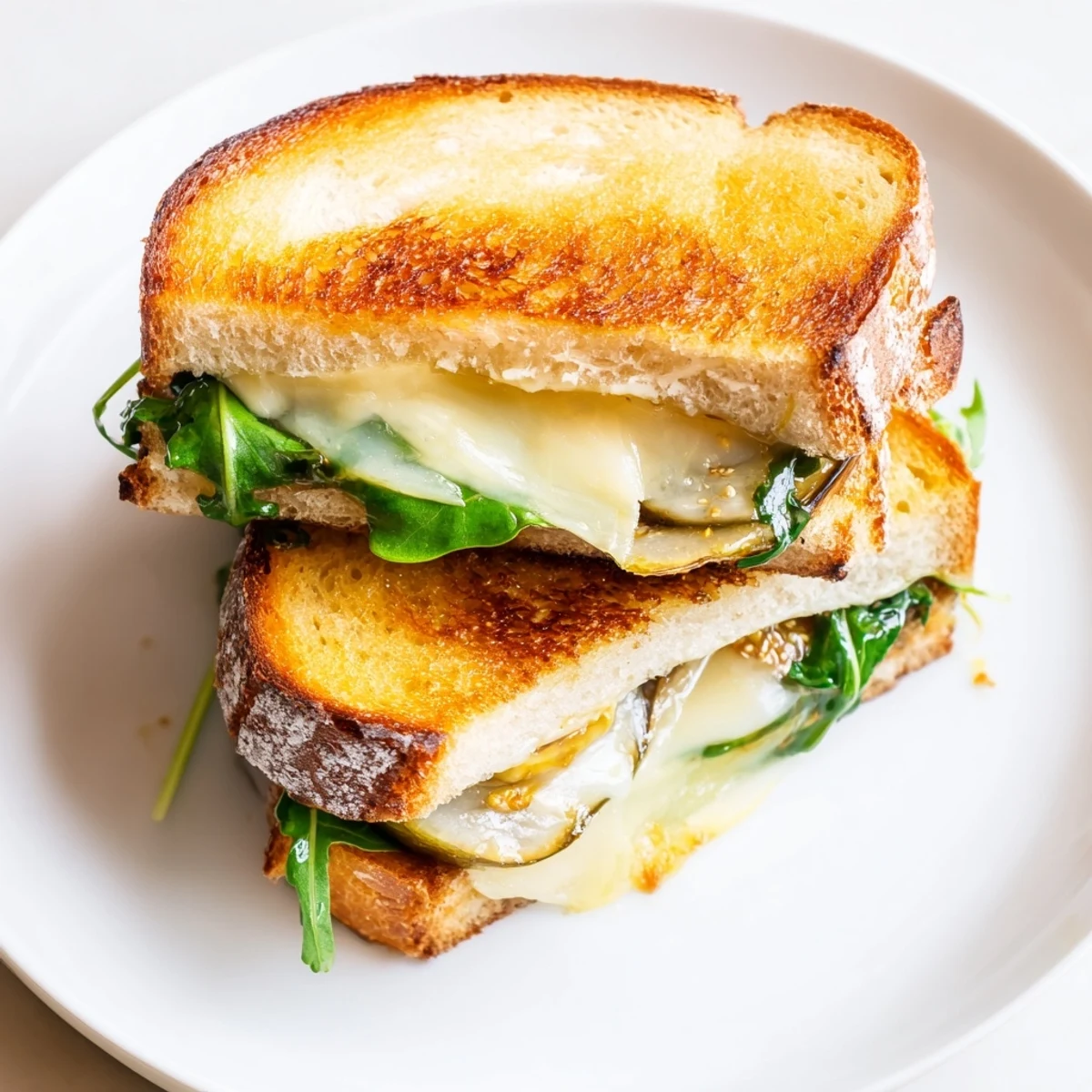 Golden-brown Fig, Brie & Arugula Grilled Cheese, oozing melted Brie with peppery arugula.