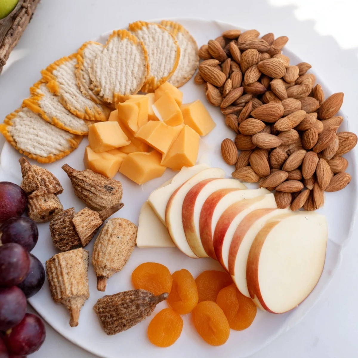 Arranging The Gilded Acorn: Golden almonds sparkle next to acorn-shaped cheese and fresh fruit.
