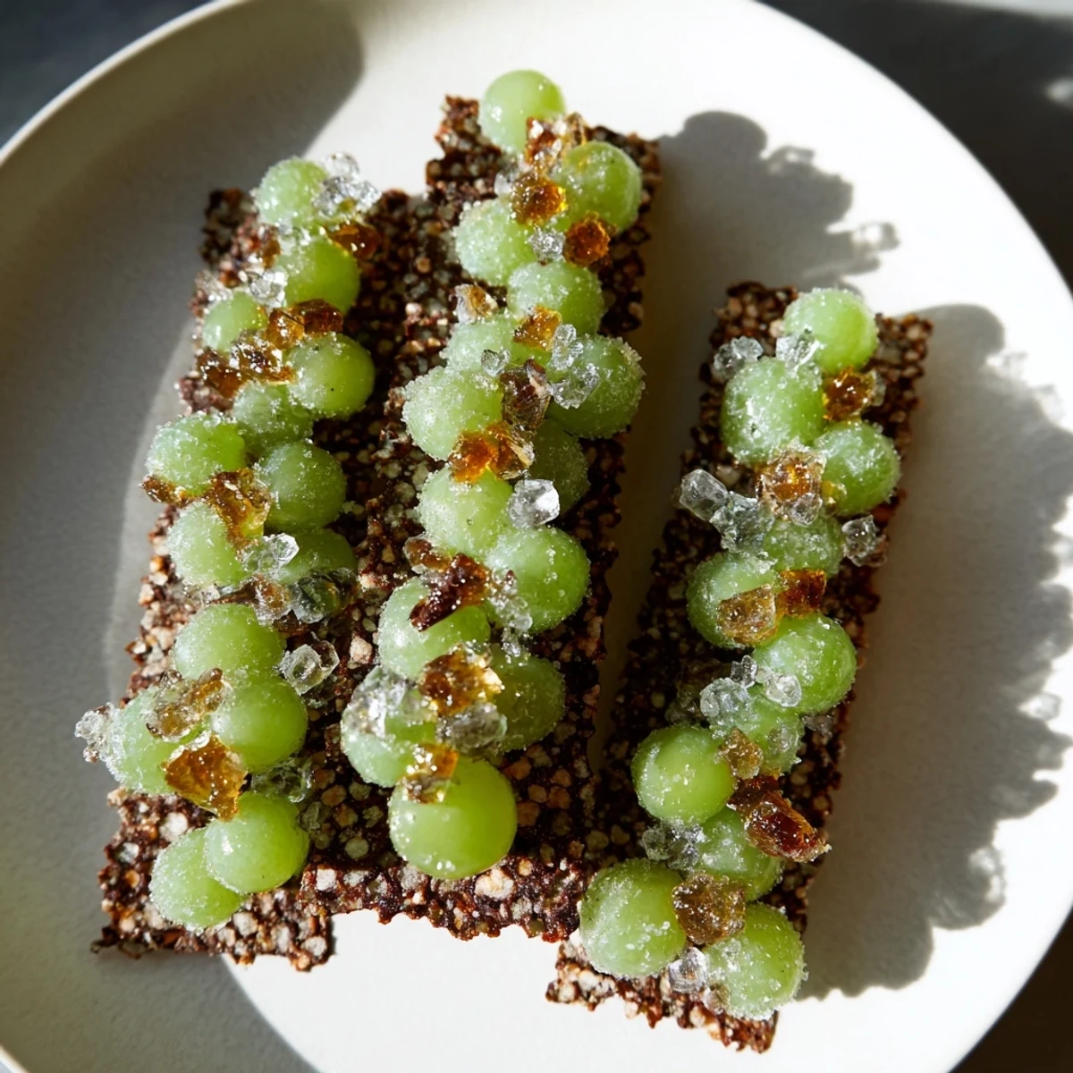 Sugared grapes and rock candy sparkle inside a whimsical Crystal Cave dessert made of dark chocolate.