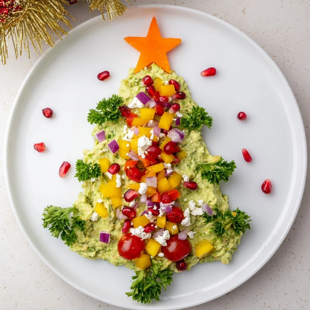 Festive whipped Avocado Christmas Tree Dip, a creamy appetizer adorned with vibrant veggie "ornaments".