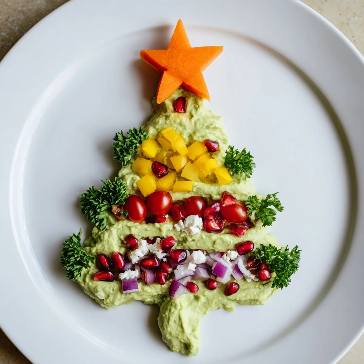 Creamy Avocado Christmas Tree Dip, a visually appealing vegetarian appetizer, ready to serve with crackers.