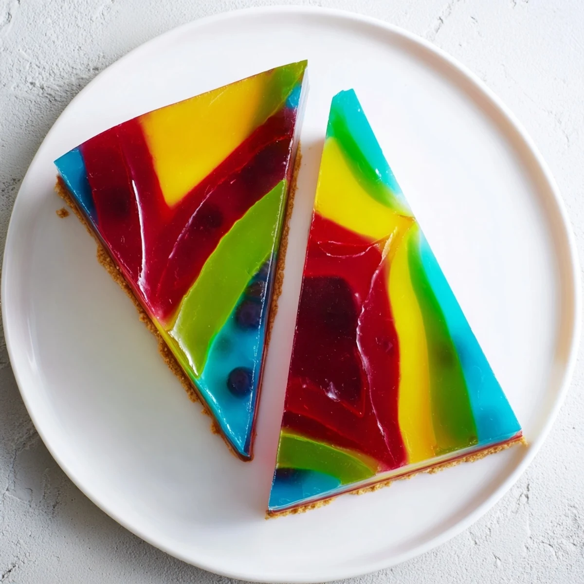 A beautifully sliced The Kaleidoscope dessert, revealing colorful, flavorful, V-shaped layers perfectly set.
