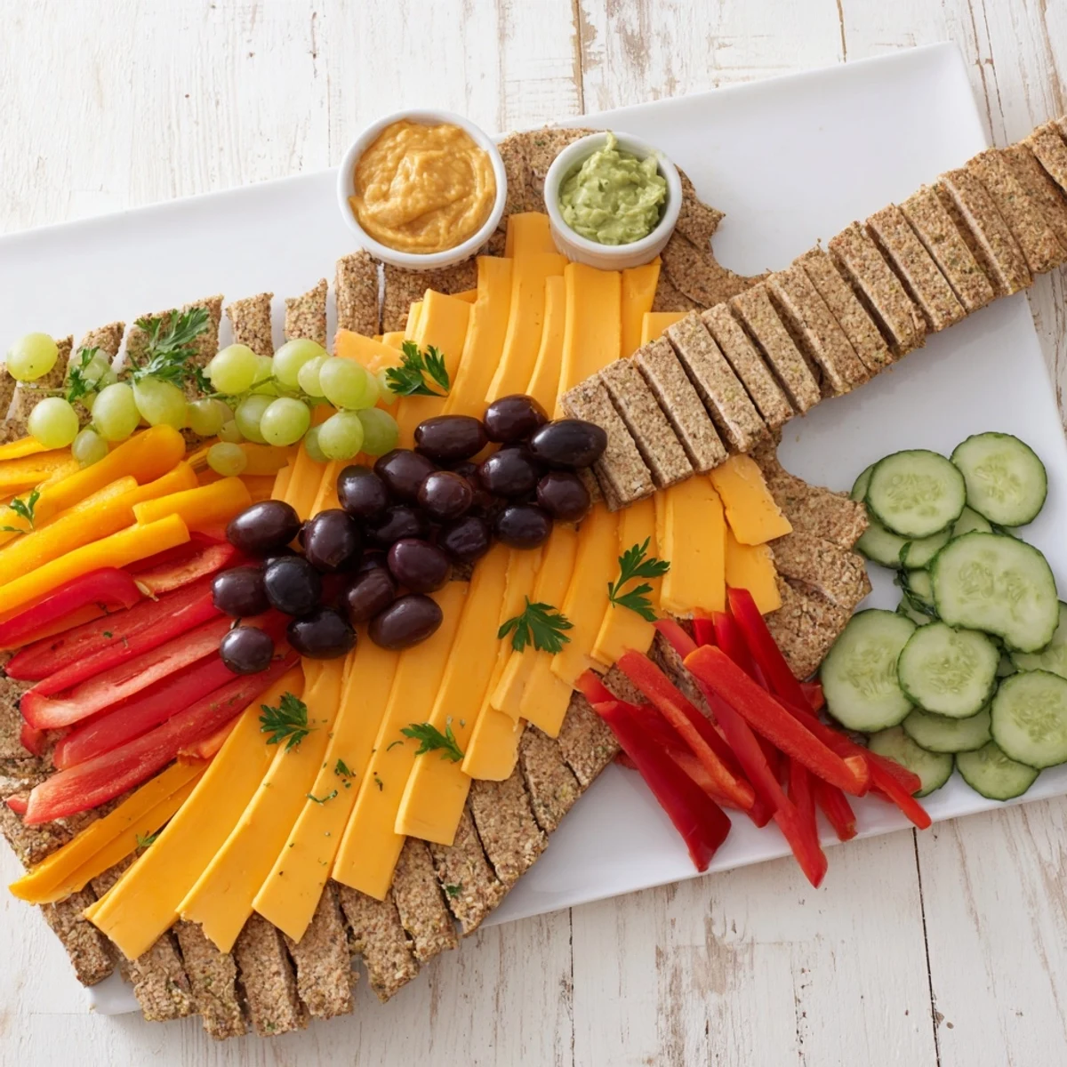 Close-up of a colorful Rock Star Guitar Snack Platter with cheese, veggies, and dips ready to serve.