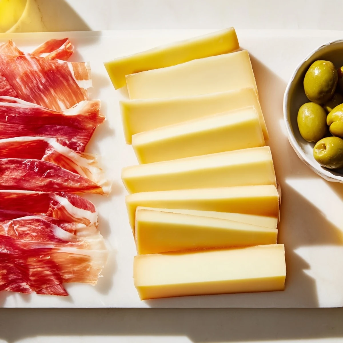 Elegant Minimalism Master cheese board: showcasing Comté, Jamón Ibérico, and bright green Castelvetrano olives.