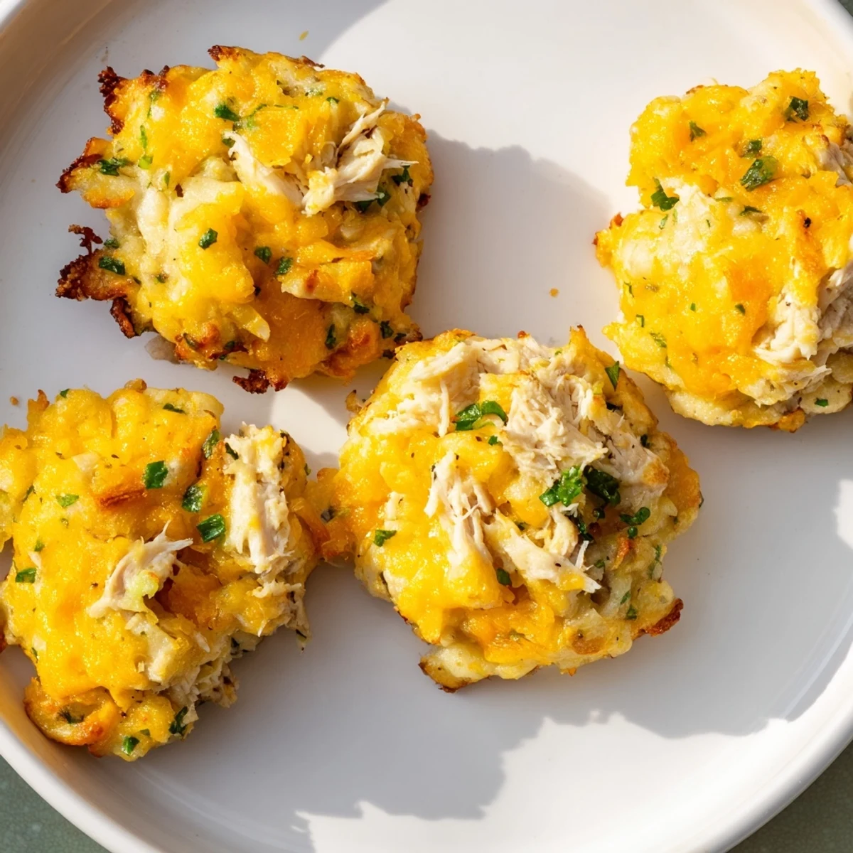 Golden, crispy potato and chicken cakes sizzling in a skillet, ready for a delicious, savory meal.