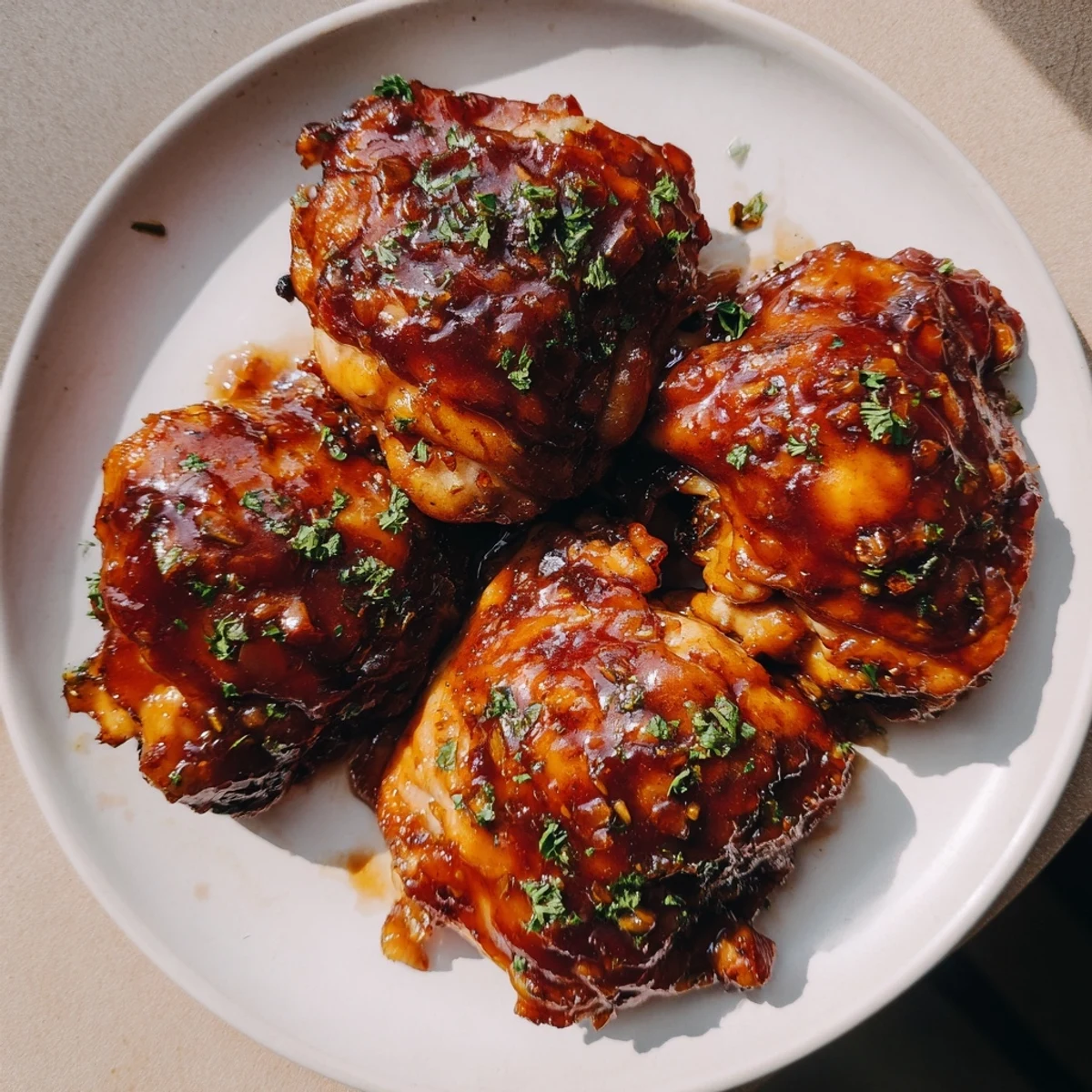 Golden-brown Jam in Coffee Style Glazed Chicken thighs glistening with a rich, savory glaze, ready to serve alongside parsley.