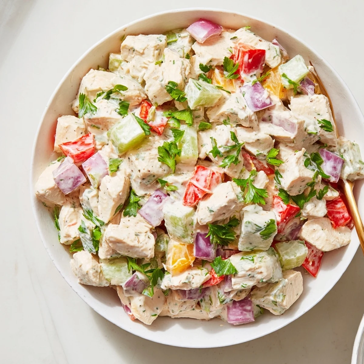 A close-up of a colorful bowl featuring delicious canned chicken salad prepared with savory Mrs. Dash seasoning.