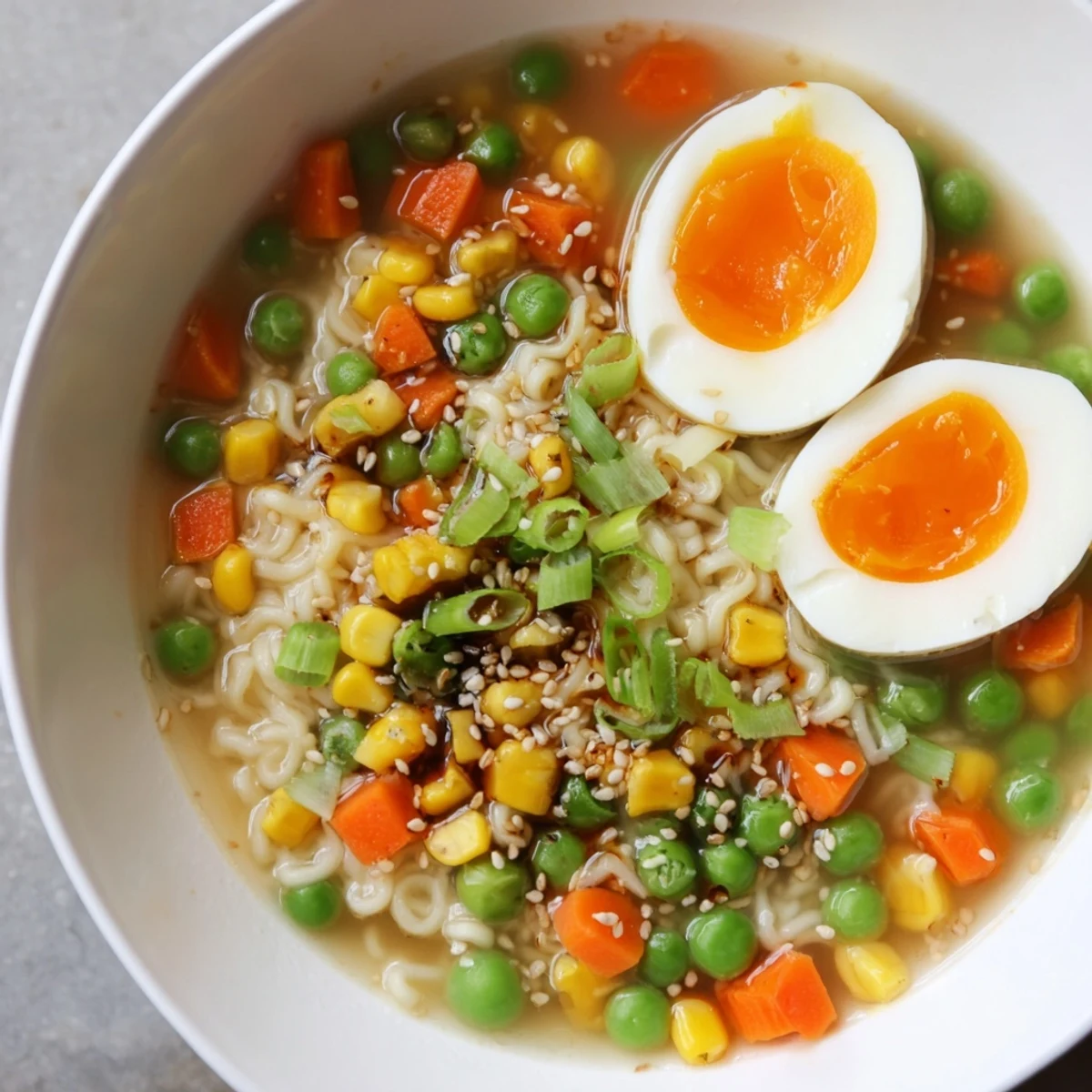Steaming bowl of ramen upgrade with frozen peas, vibrant veggies ready to eat with soft egg.