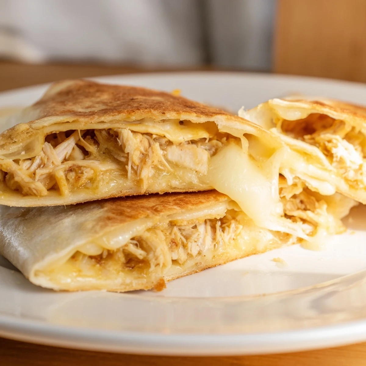 Melted cheese and juicy chicken filling a golden-brown Leftover Pizza Grilled Cheese.