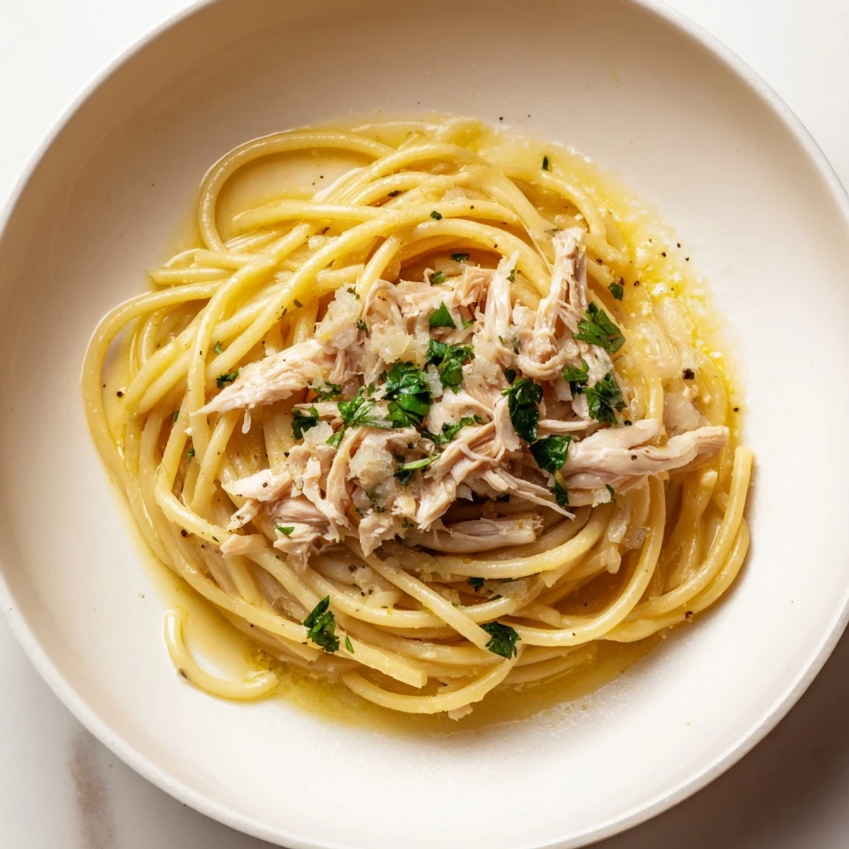 Enjoy savory Simple Garlic Butter Bucatini — al dente pasta with browned garlic butter and chicken.