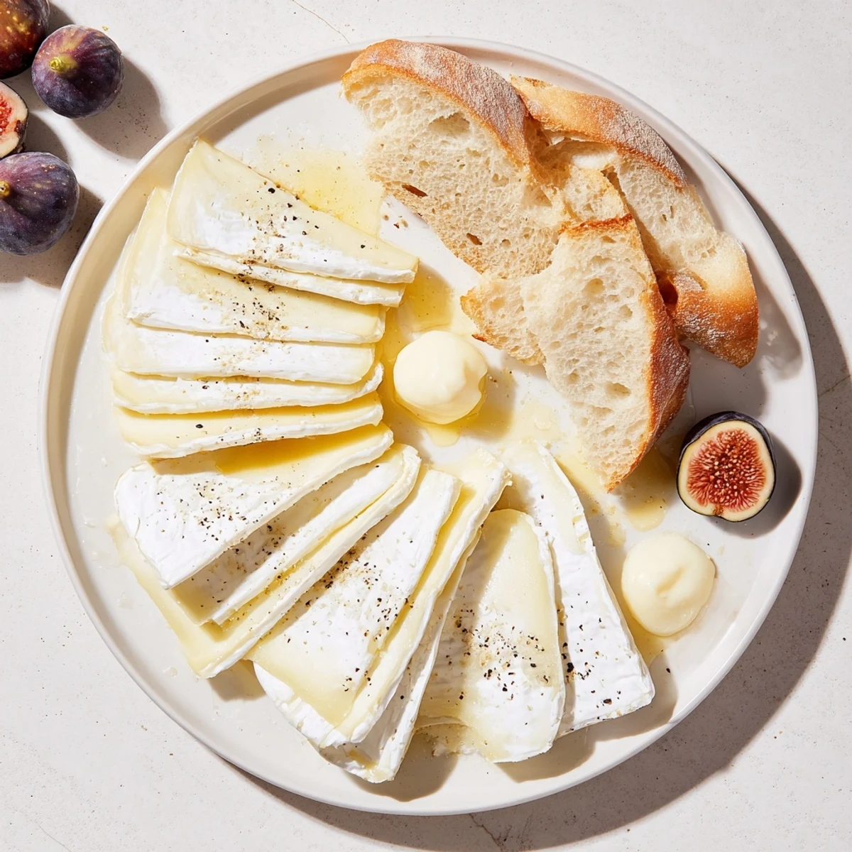 Elegant French Bistro Elegance platter with Brie, Comté, Chèvre cheese, and fresh figs looks delicious.