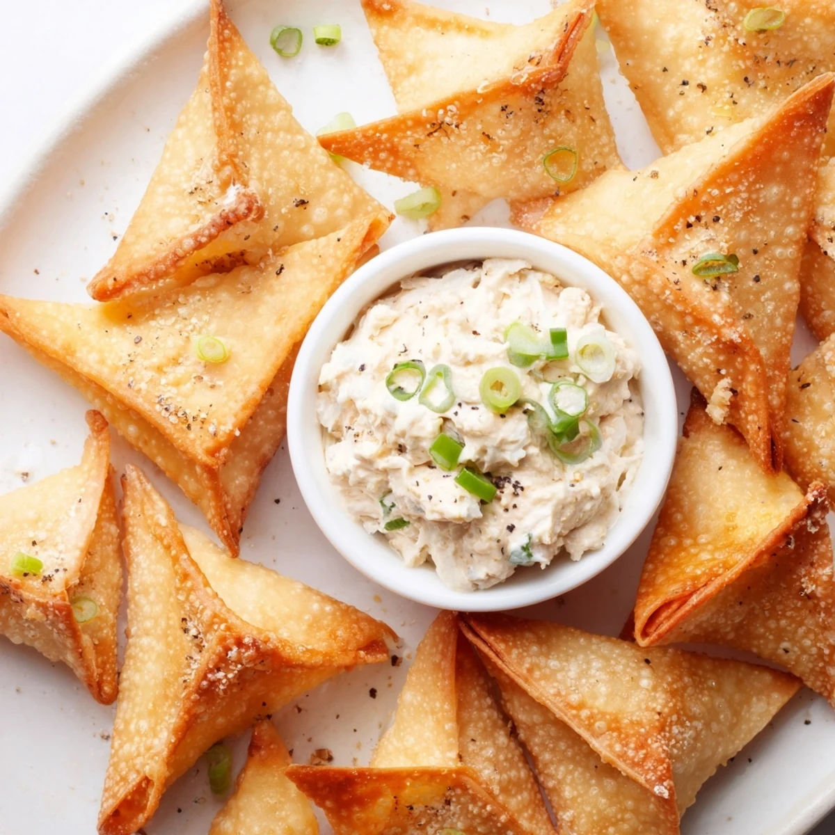 Golden-brown Air Fryer Lumpia Chips ready to dip into creamy chicken and cream cheese for a snack.