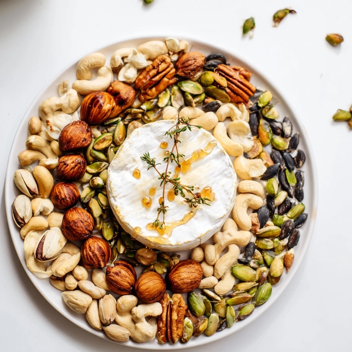 A stunning view of The Labyrinth appetizer: a vibrant maze of nuts leading to creamy cheese.