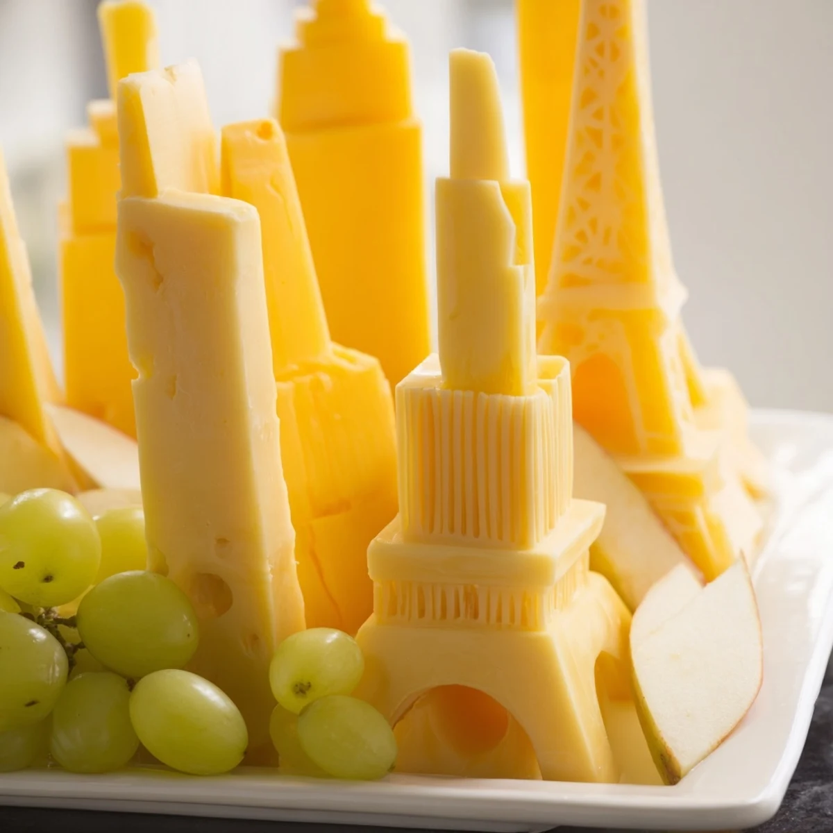 This Skyline Silhouette appetizer shows vertical cheese buildings, grapes, and apple slices, perfect for an event.