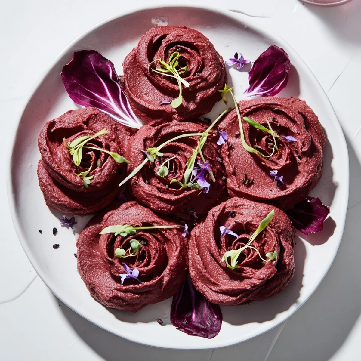 Vibrant beet hummus roses, part of The Velvet Rose appetizer, served on crisp radicchio for a colorful dish.