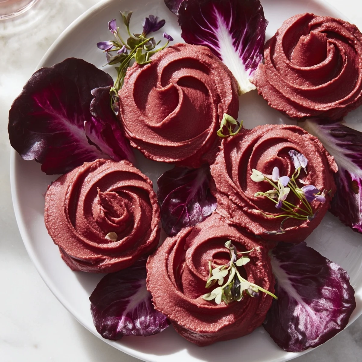 Beautifully arranged The Velvet Rose, with rich red beet hummus and fresh radicchio leaves ready to serve.