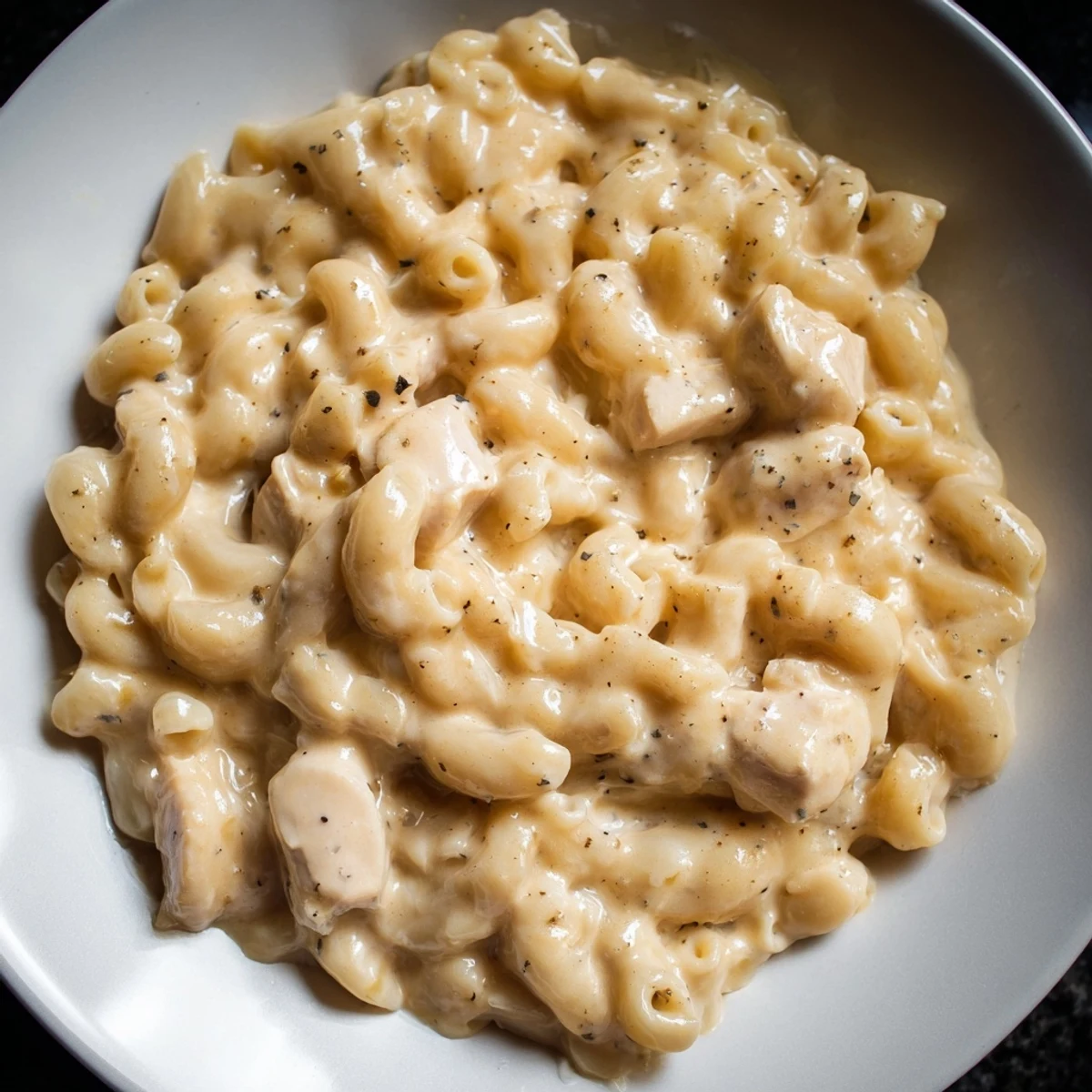 Creamy Struggle Meal Chicken Macaroni, a comforting baked pasta dish with golden, bubbly topping.