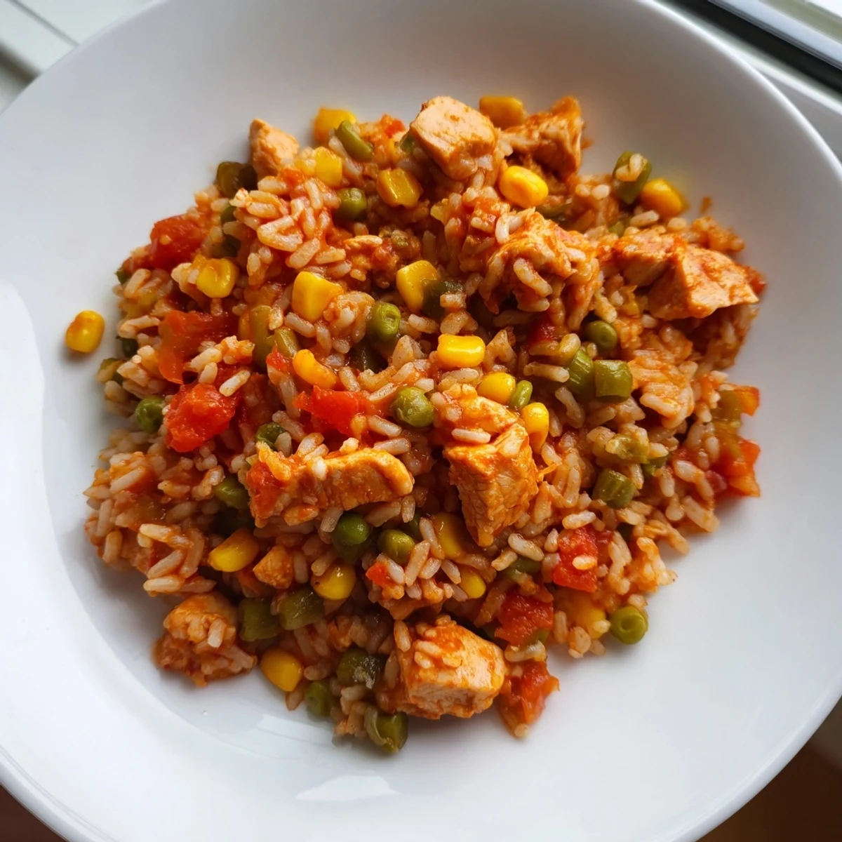 Steaming One-Pot Chicken and Rice served, aromatic with herbs, ready to enjoy as a hearty meal.
