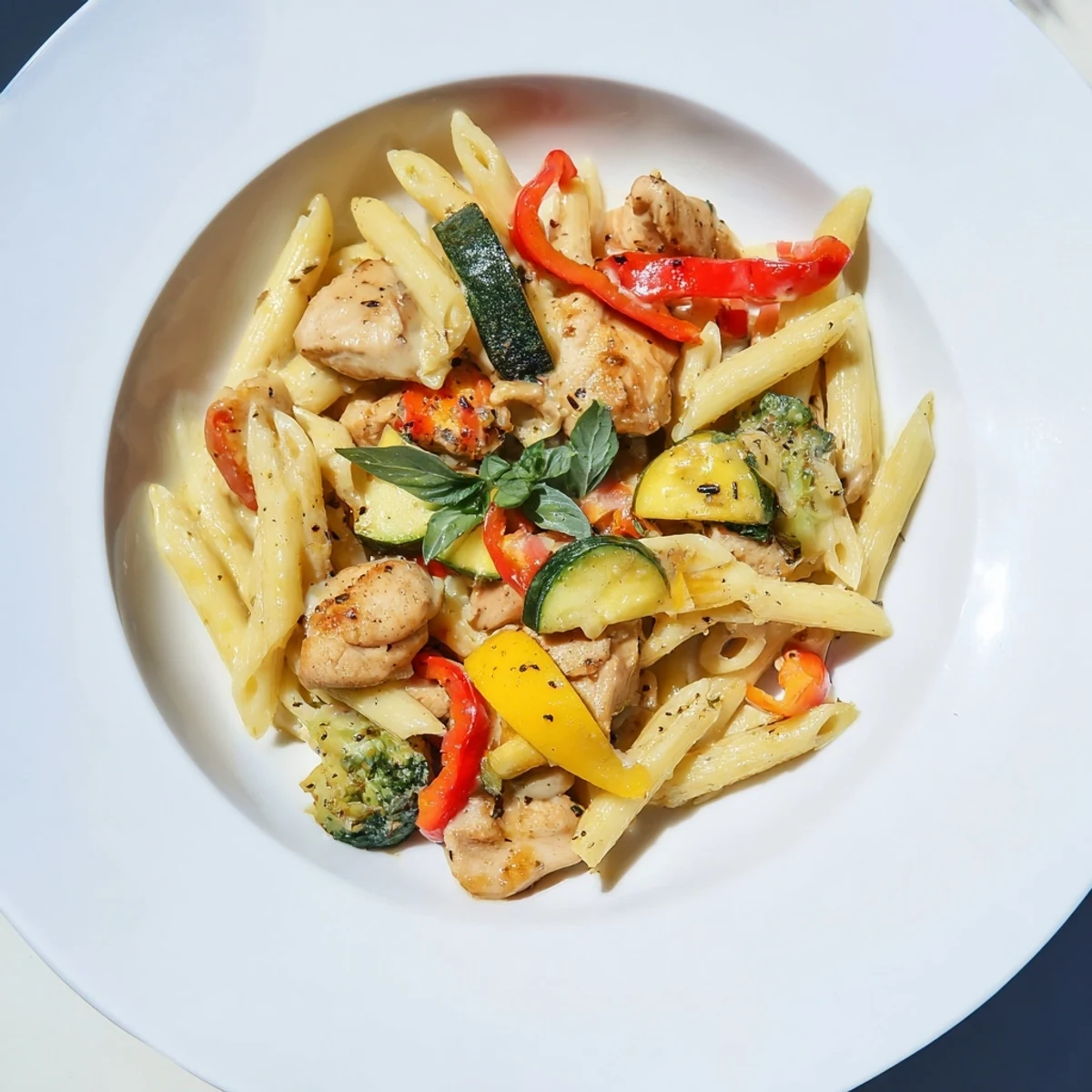 Steaming 5-4-3-2-1 Pasta Primavera piled high, featuring colorful vegetables and tender chicken pieces.