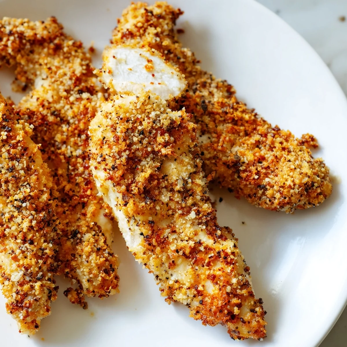 Perfectly cooked crispy air-fried chicken tenders seasoned with herbs, ready for dipping sauce.