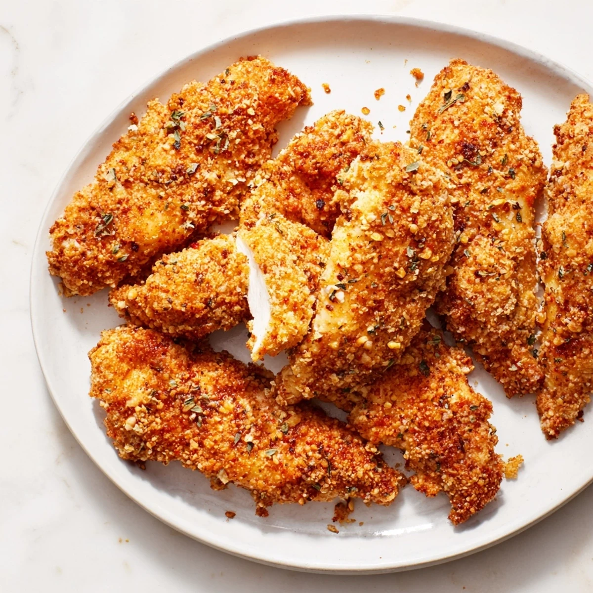 Close-up of crispy, golden-brown air-fried chicken tenders, offering a satisfying crunch with each bite.