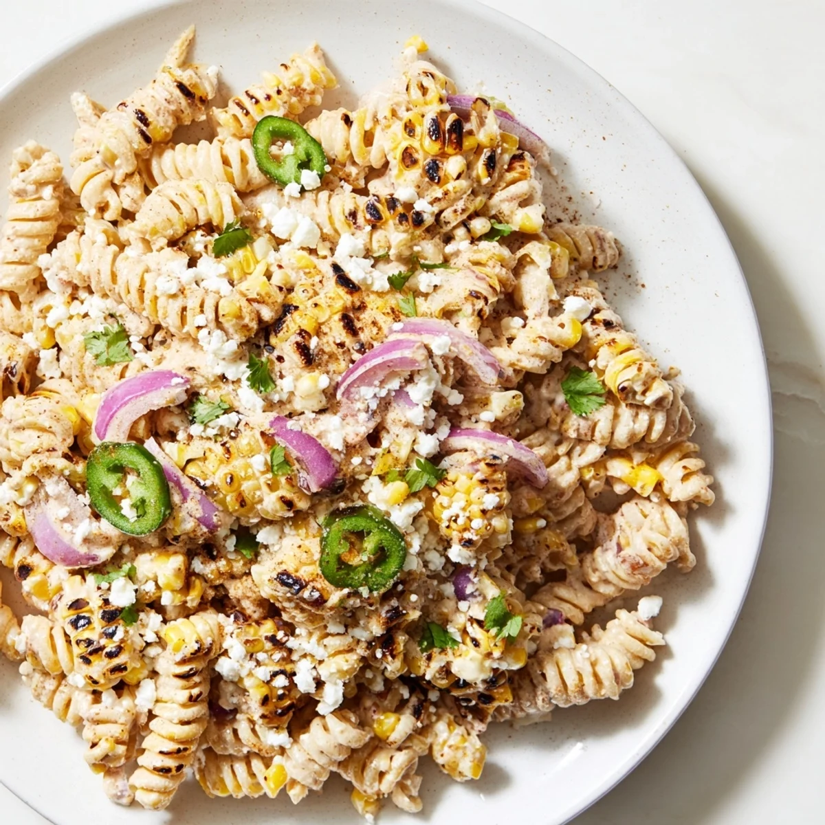 Creamy Street Corn Pasta Salad with charred corn kernels and a vibrant, creamy dressing ready to eat.