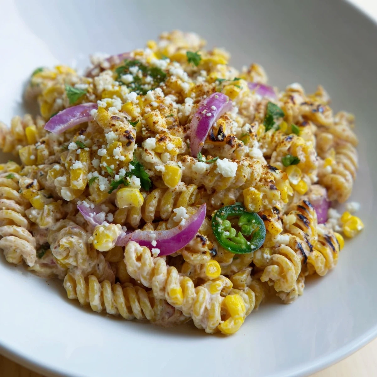 Enjoy a refreshing scoop of this flavorful Creamy Street Corn Pasta Salad, perfect for summer picnics and gatherings.