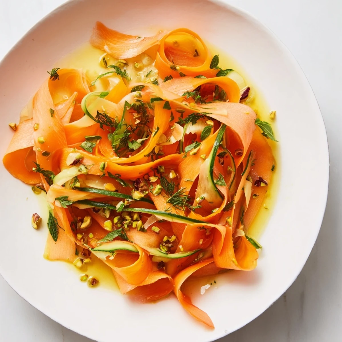 A light and colorful serving of Citrus Carrot Ribbon Salad, ready for you to enjoy.