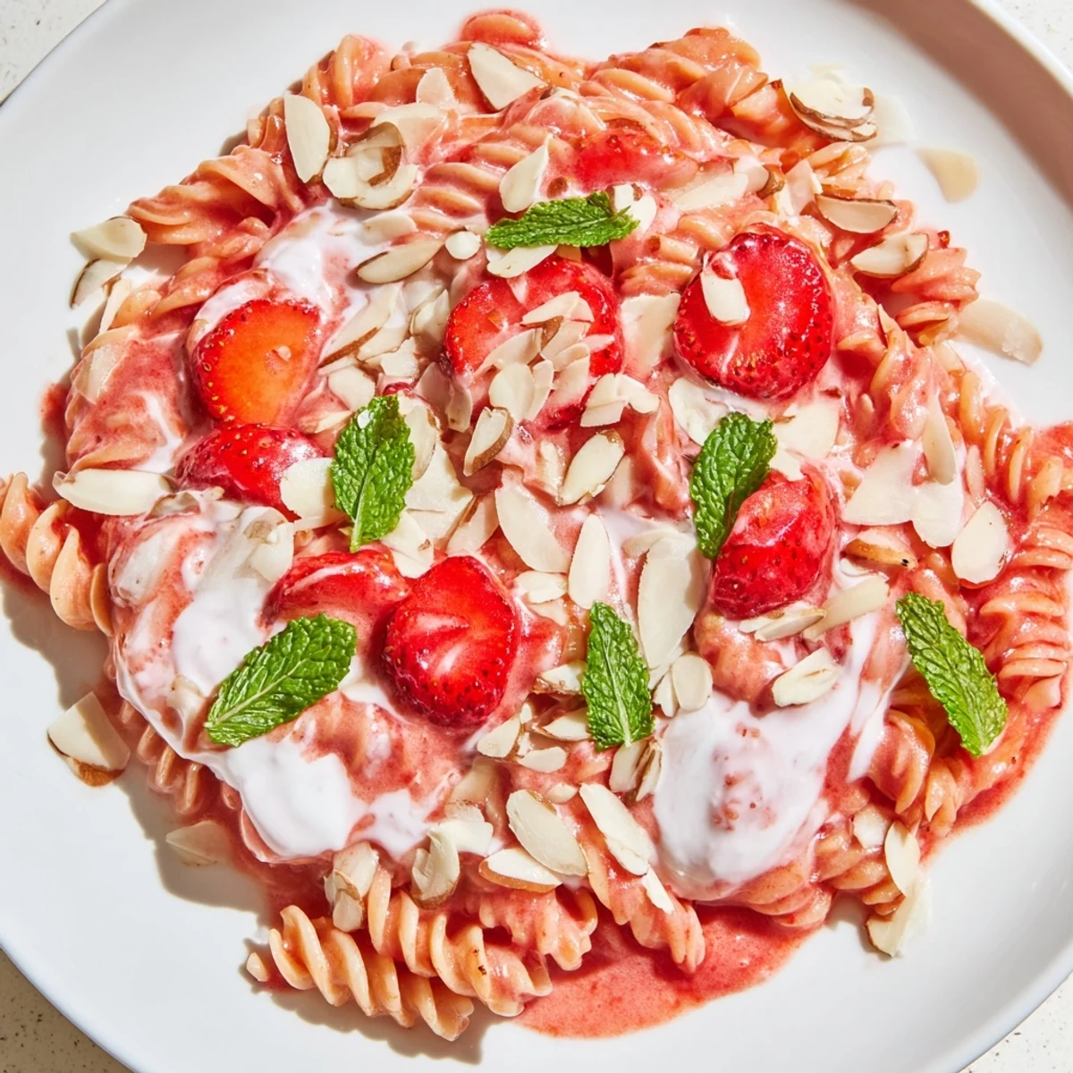 Sweet Strawberry Yogurt Pasta is a delightful mix of pink pasta and fresh strawberries.