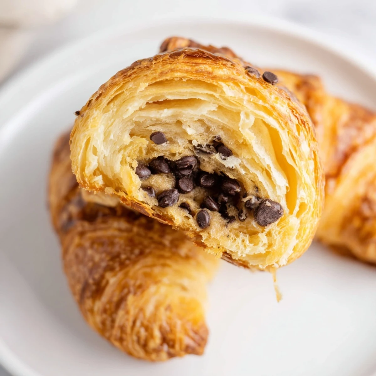 Warm, golden chocolate cookie croissants, a decadent dessert with gooey chocolate centers, perfect.
