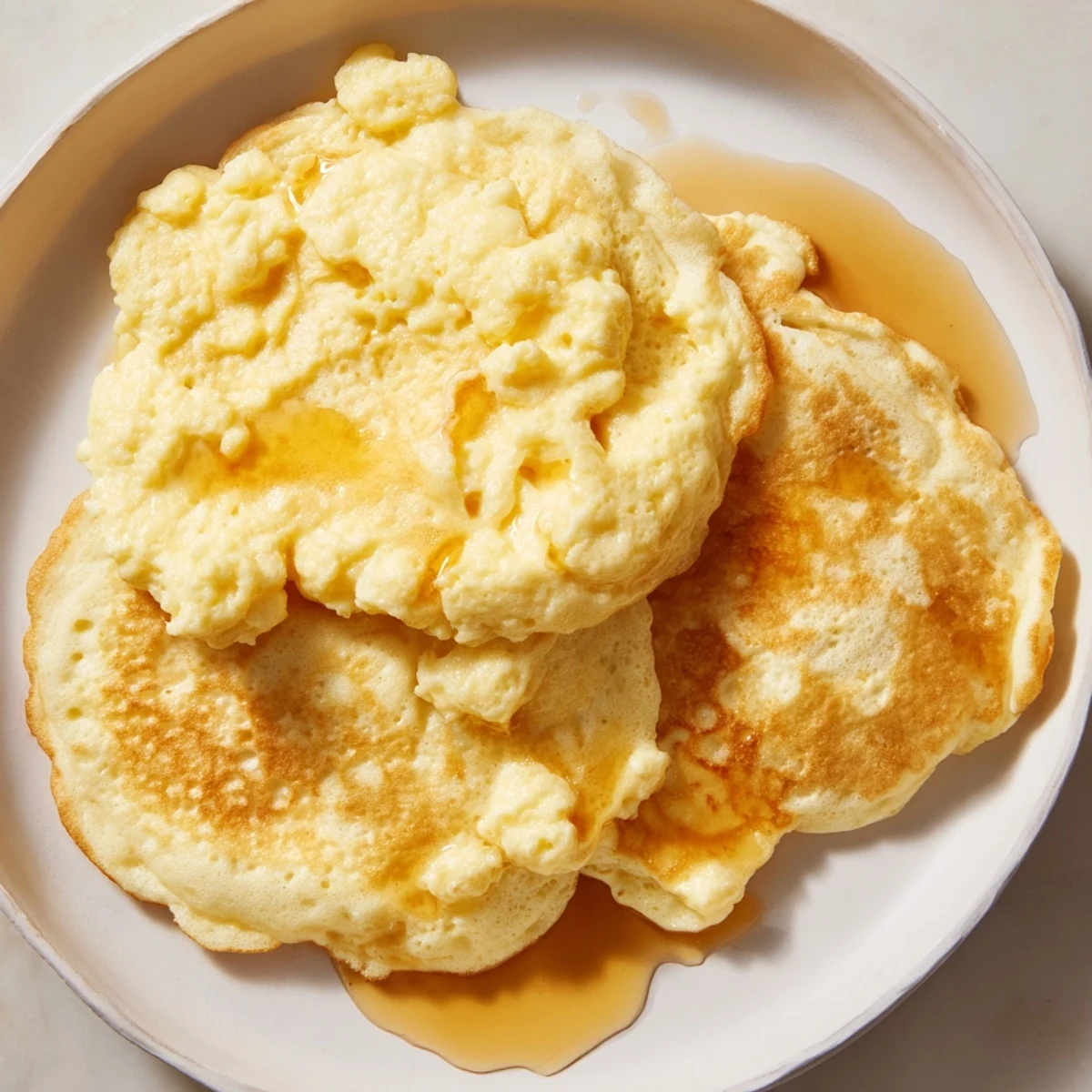 Golden-brown fluffy scrambled pancakes in a skillet, perfect for a cozy American breakfast, drizzled with syrup.