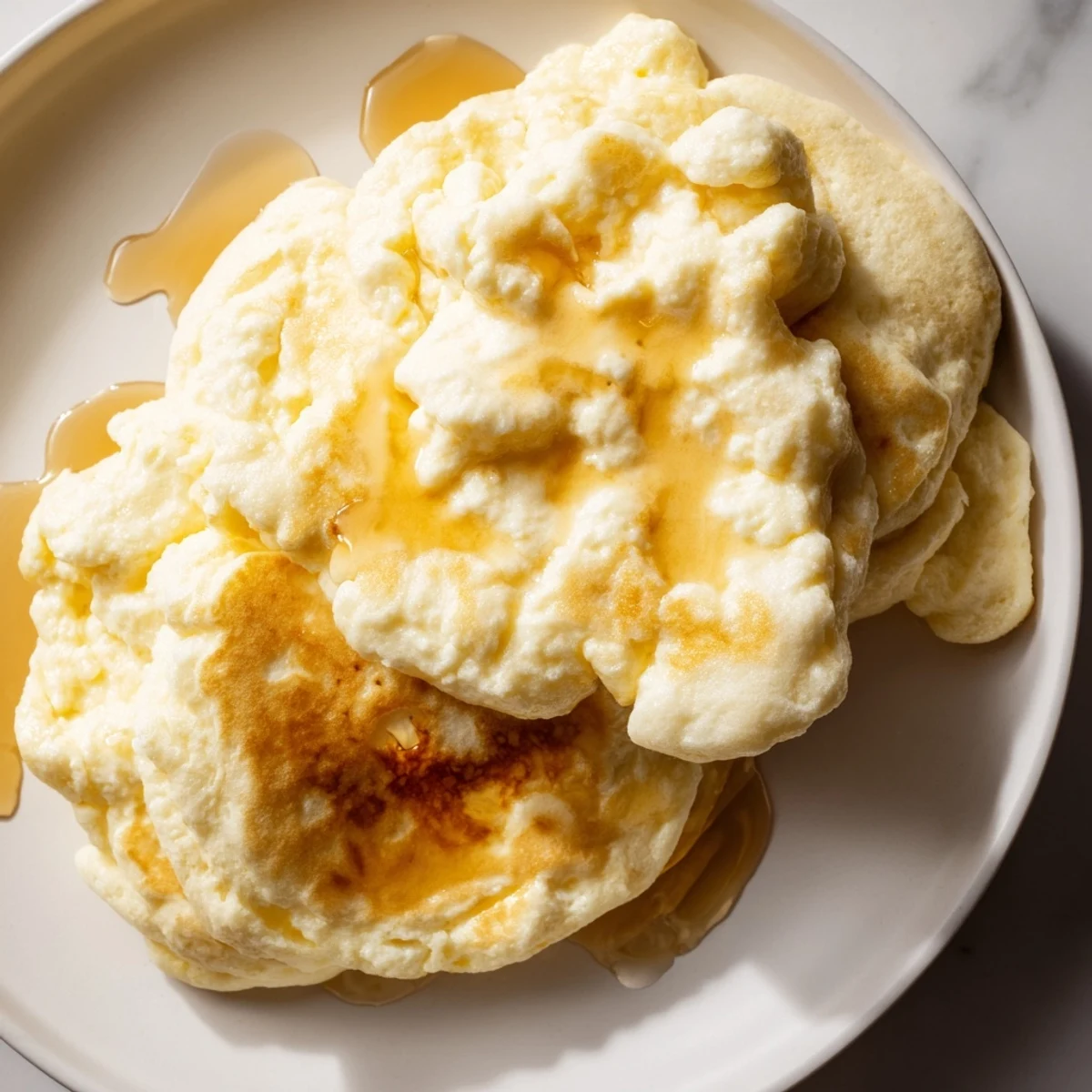 Delicious, one-bowl preparation of fluffy scrambled pancakes, with blueberries, ready for serving with fresh fruit.