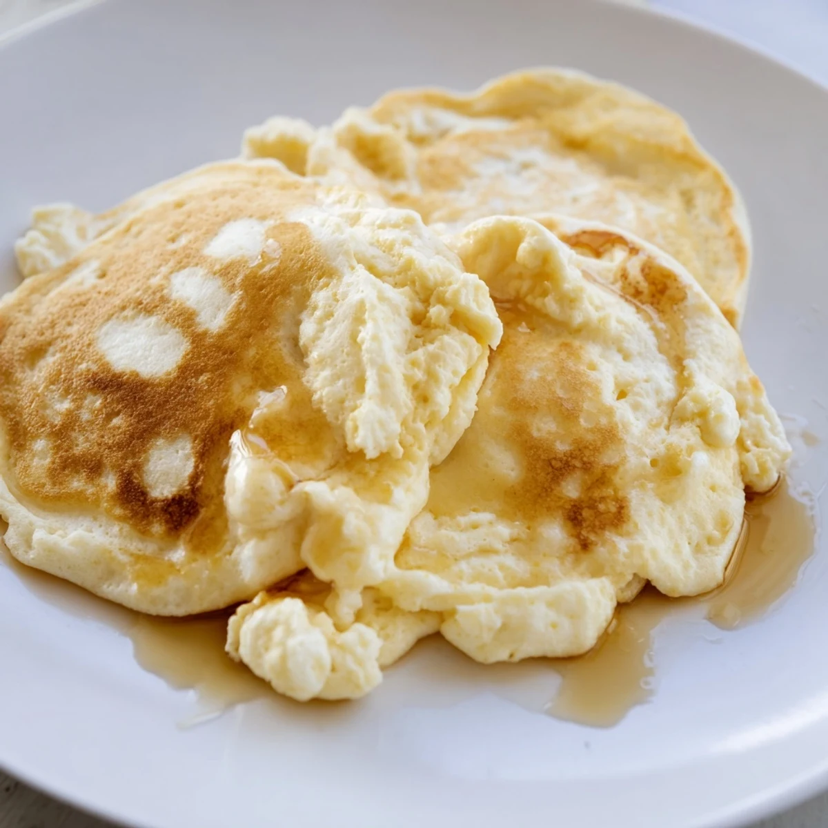 Fluffy scrambled pancakes: a close-up photo shows soft, golden curds, a comforting and easy breakfast treat.