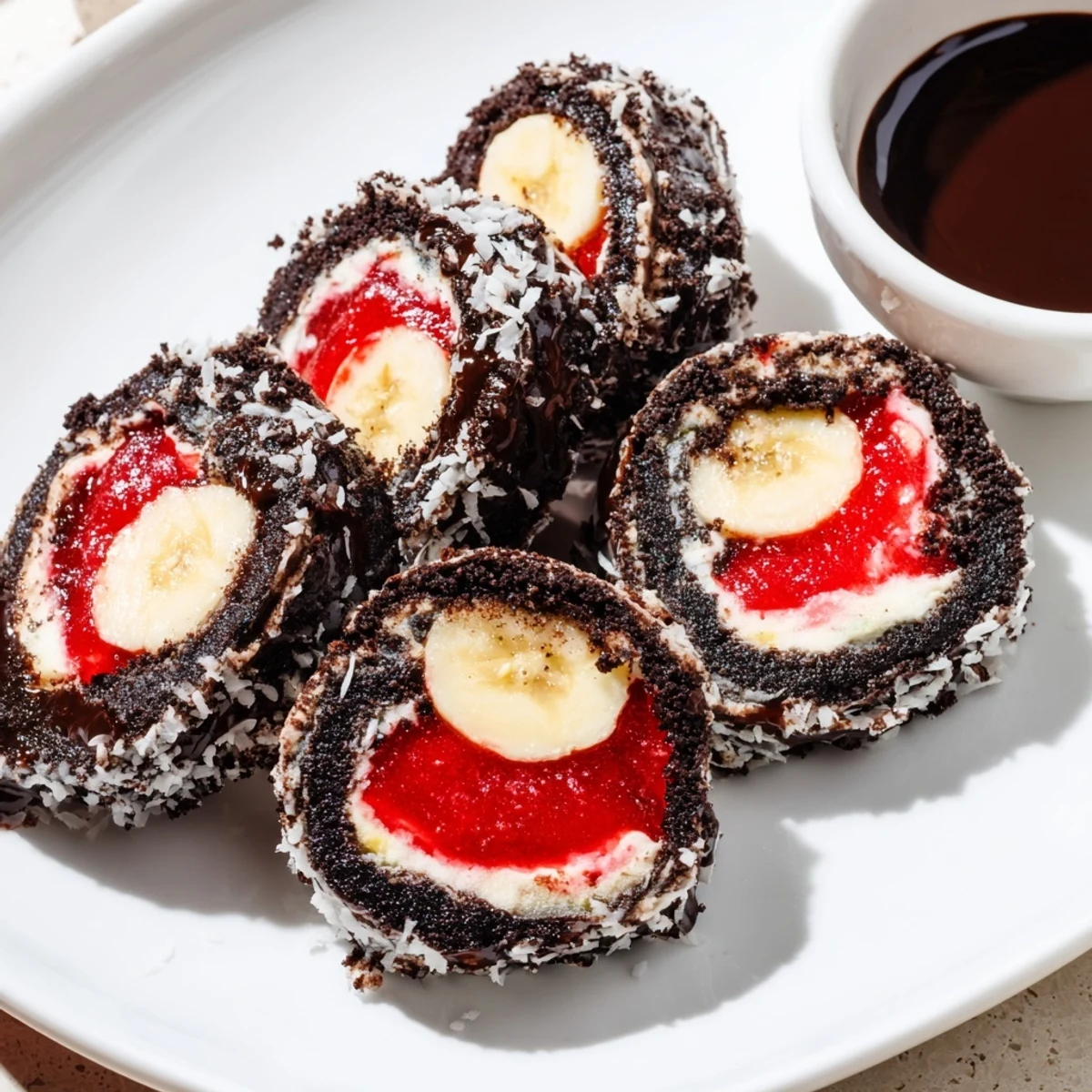 Decadent Oreo Cookie Sushi Rolls with a rich chocolate soy dip, a fun dessert.