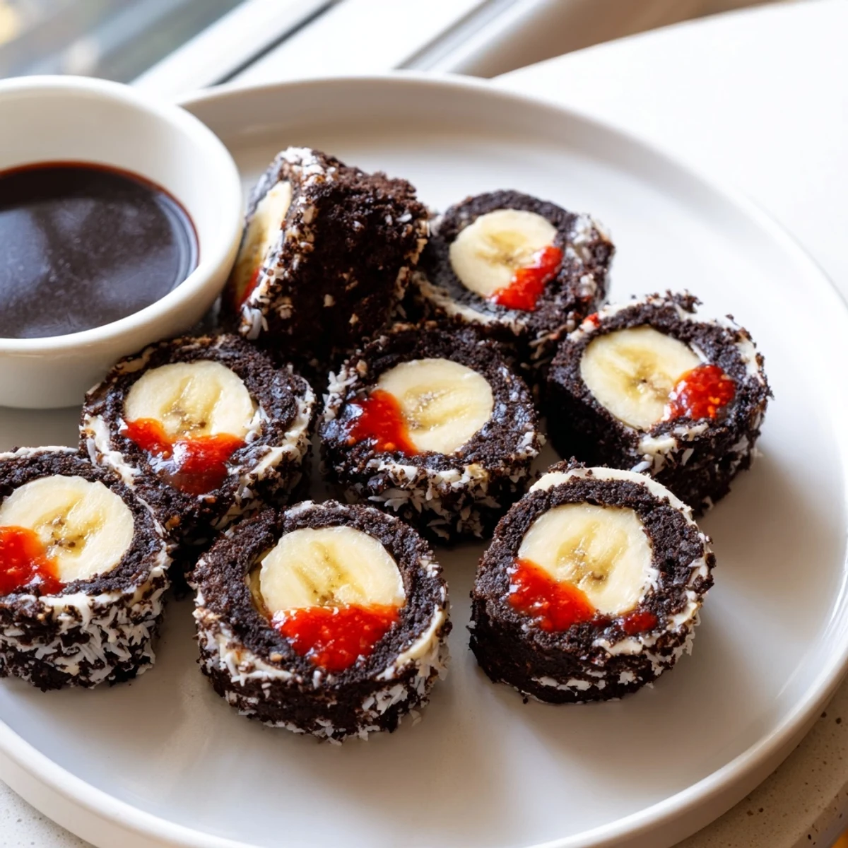 Close-up of freshly sliced Oreo Cookie Sushi Rolls, ready to dip in chocolate sauce.