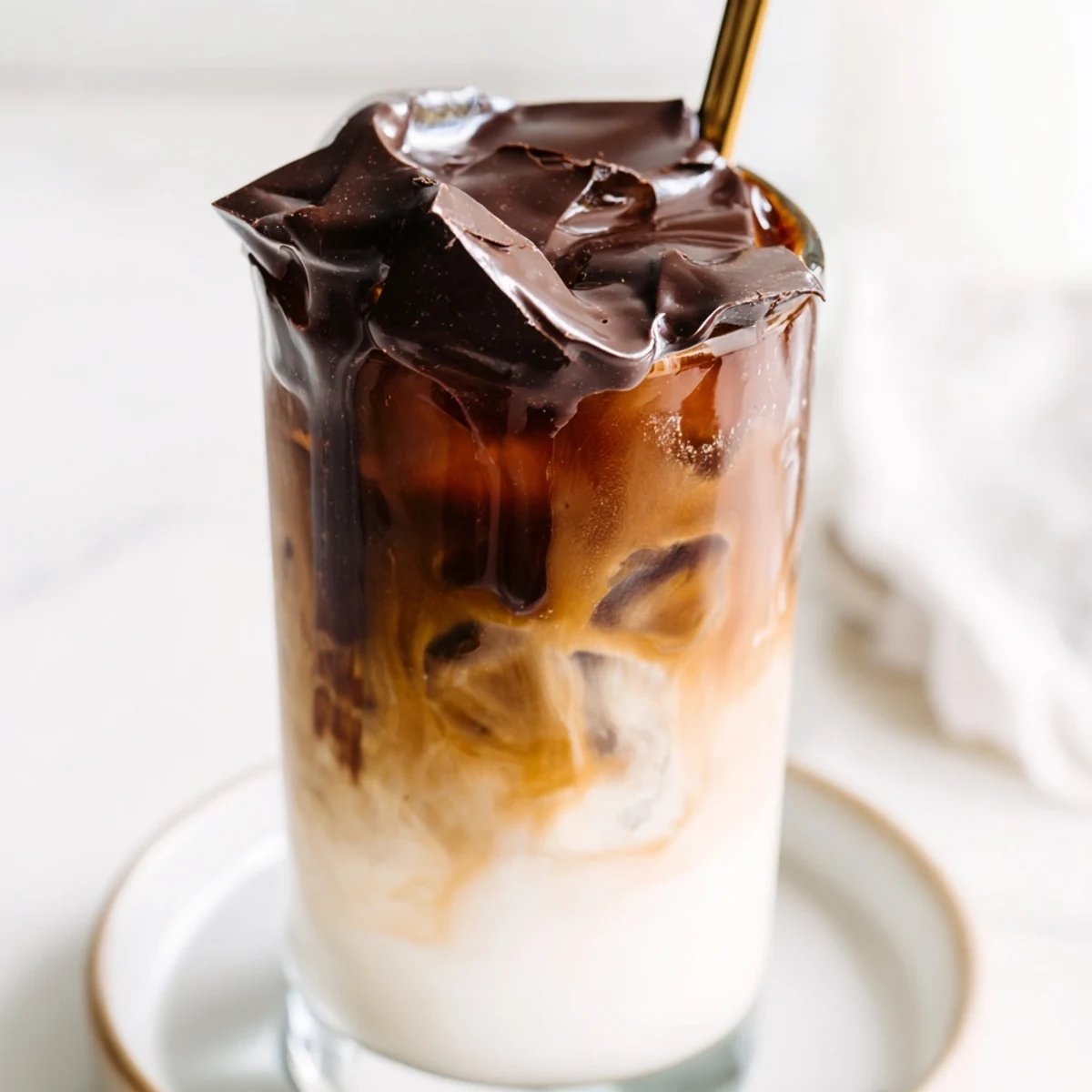 Rich chocolate cracking iced latte, showcasing a delightful, icy crack and creamy layers.